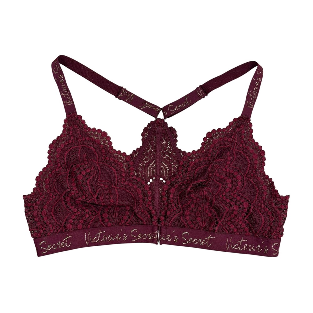 Victorias Secret Burgundy Lace Front Close Racerback Bralette Logo Band Large